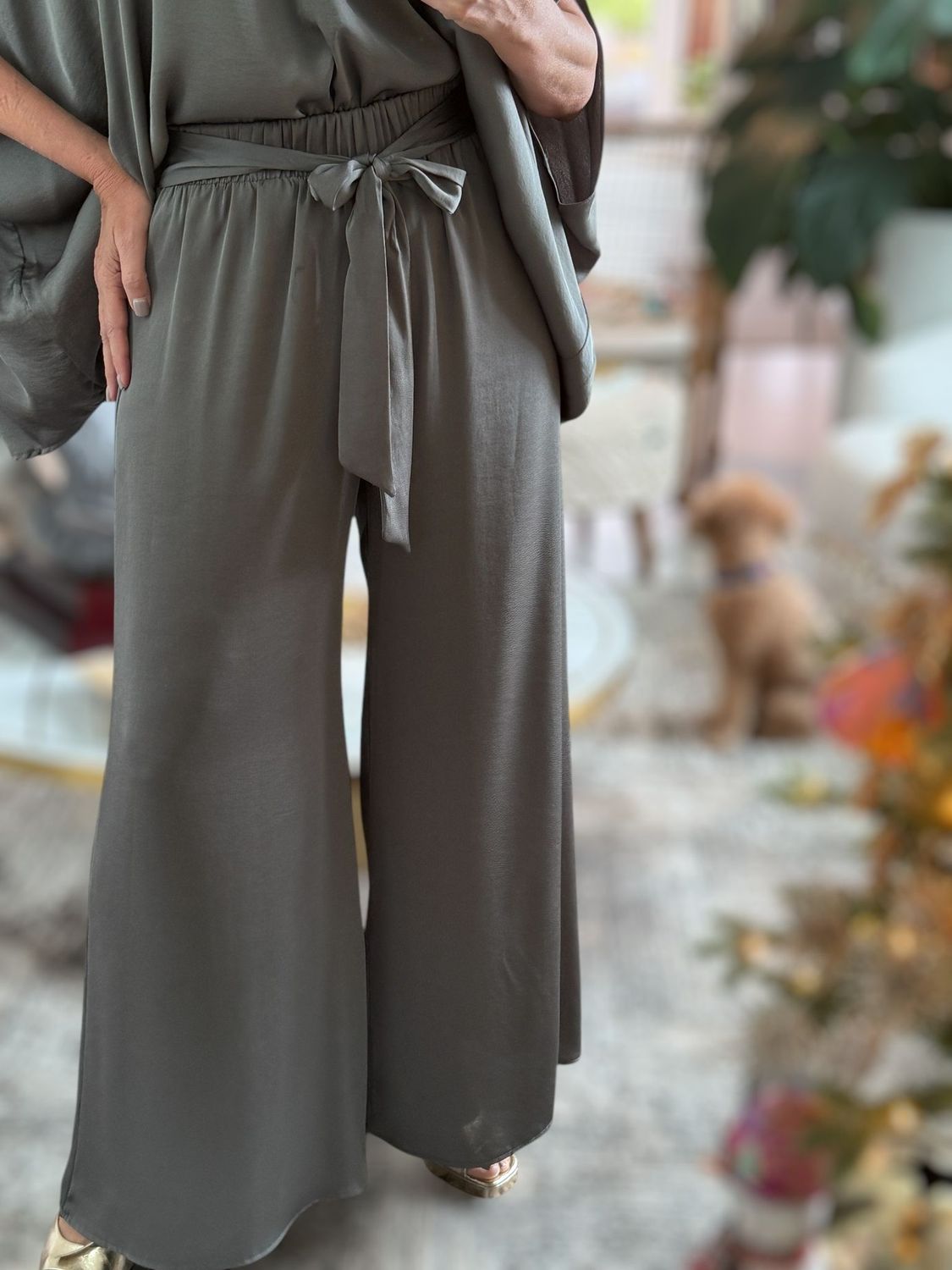 Washed Poly Silk Tie Waist Wide Leg Pant Grey