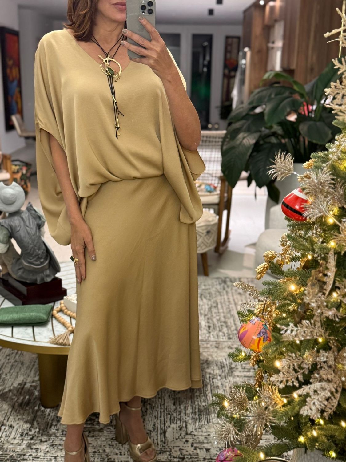 Satin Set Tunic &amp; Skirt Tan