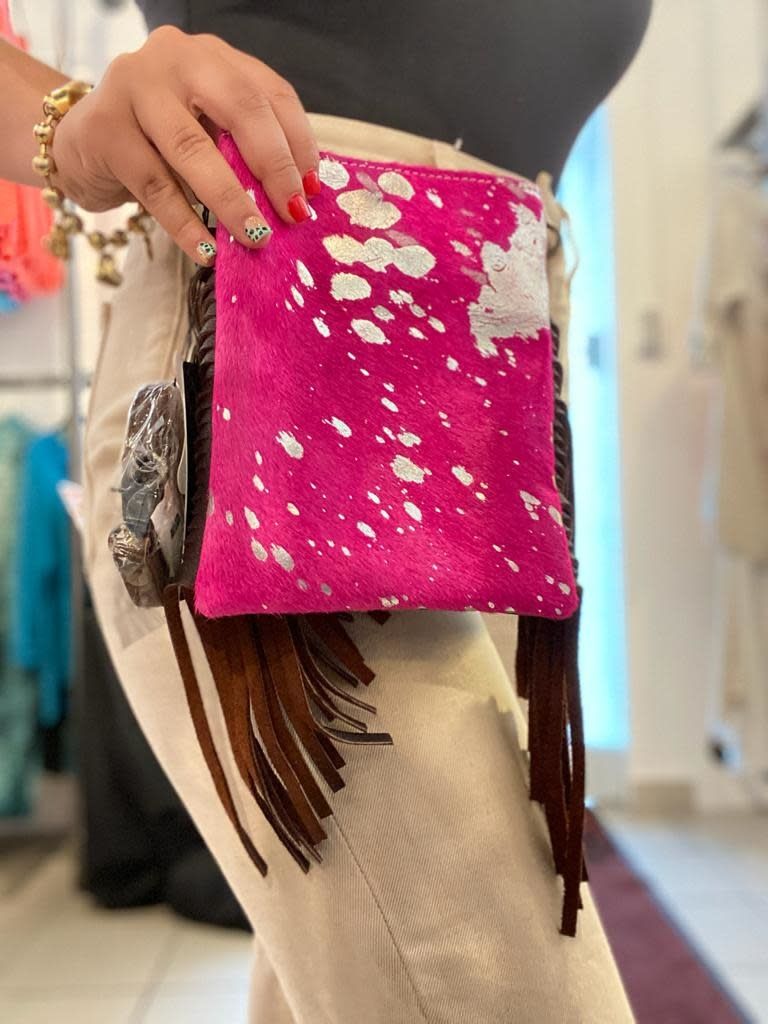 Leather Fuscia and Silver Purse with Brown Finge and Adjustable Straps