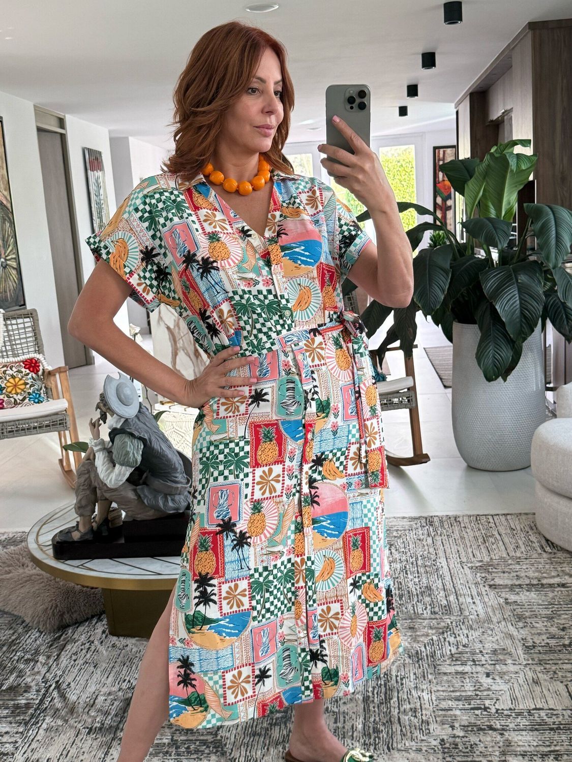 Printed Button From tMidi Dress with Waist Tie