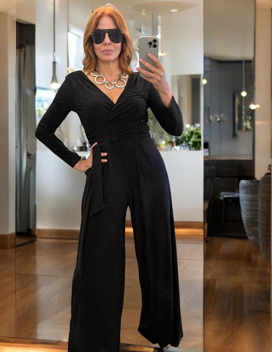 Long Sleeve Surplice Crossover Jumpsuit with Pleats BLACK