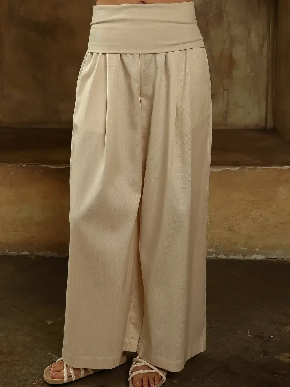 Fold-Over Waist Wide-Leg Pants