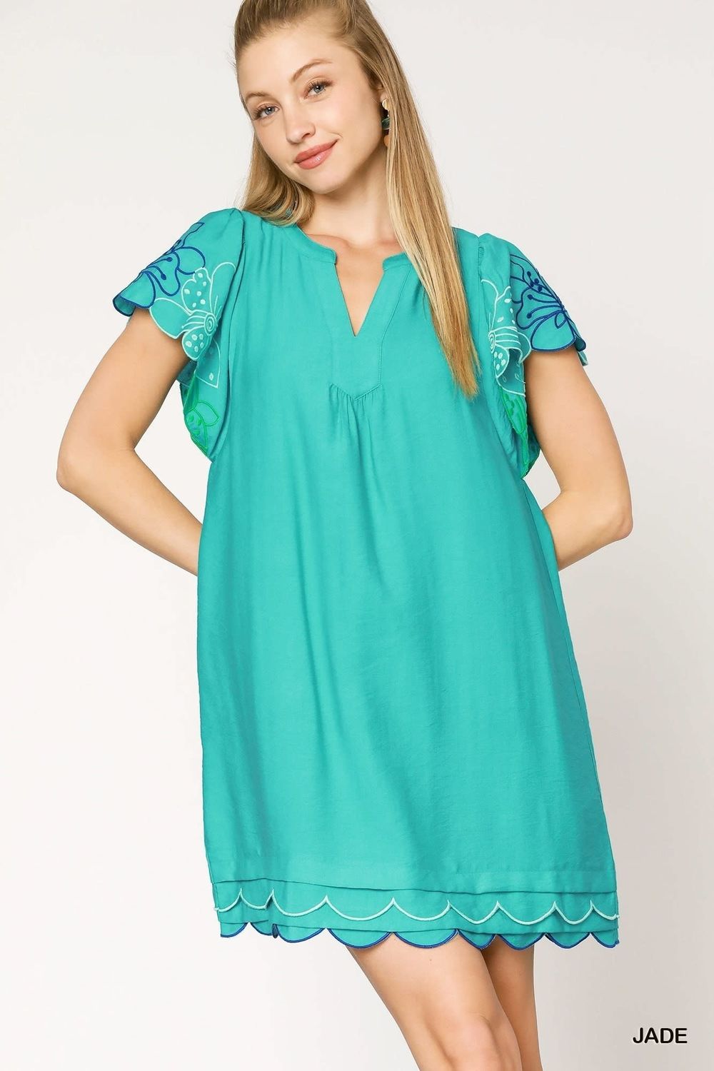 Embroidered Flutter sleeve Tunic Dress