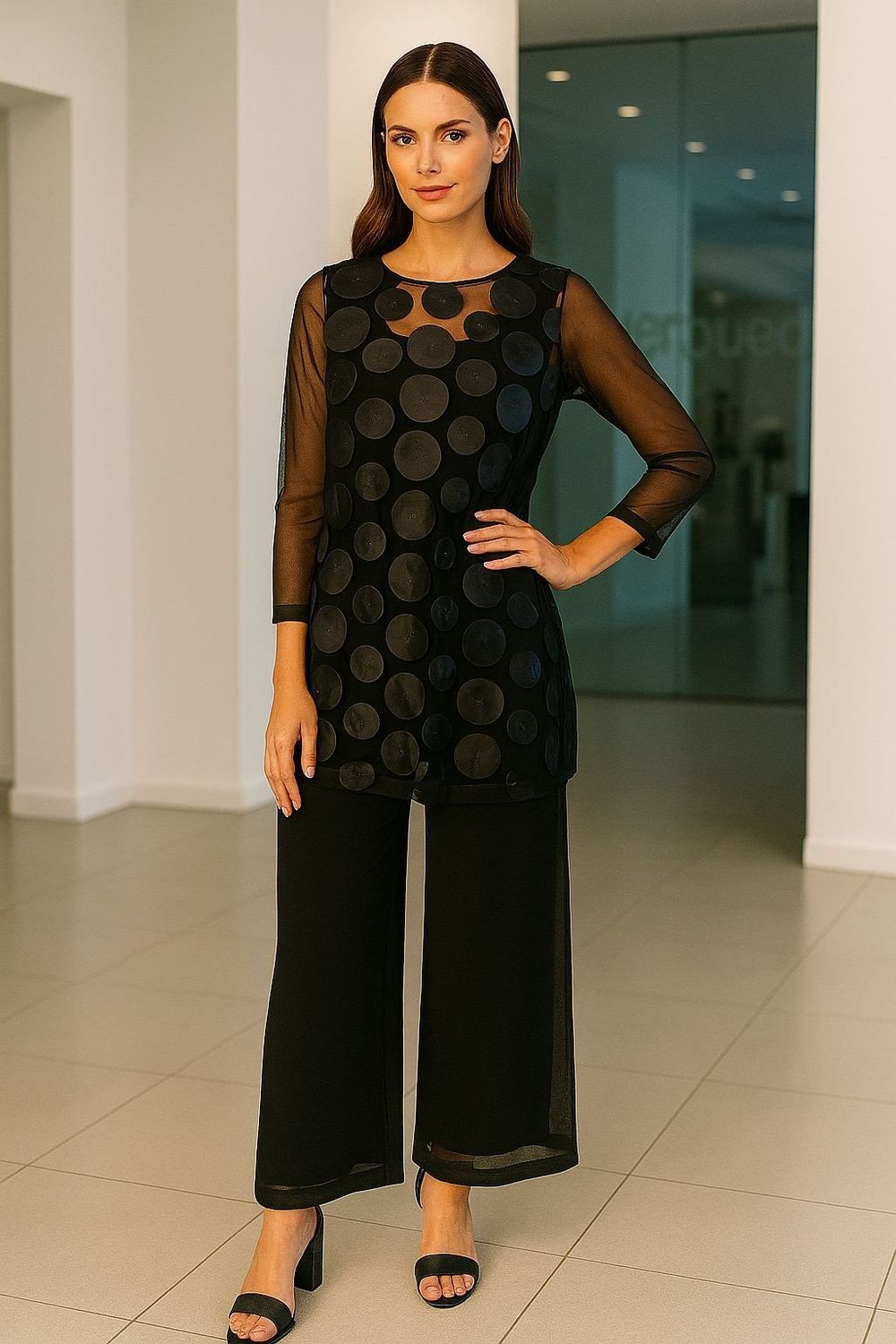 Boat-Neck See Through and Chiffon Layered Pants Set