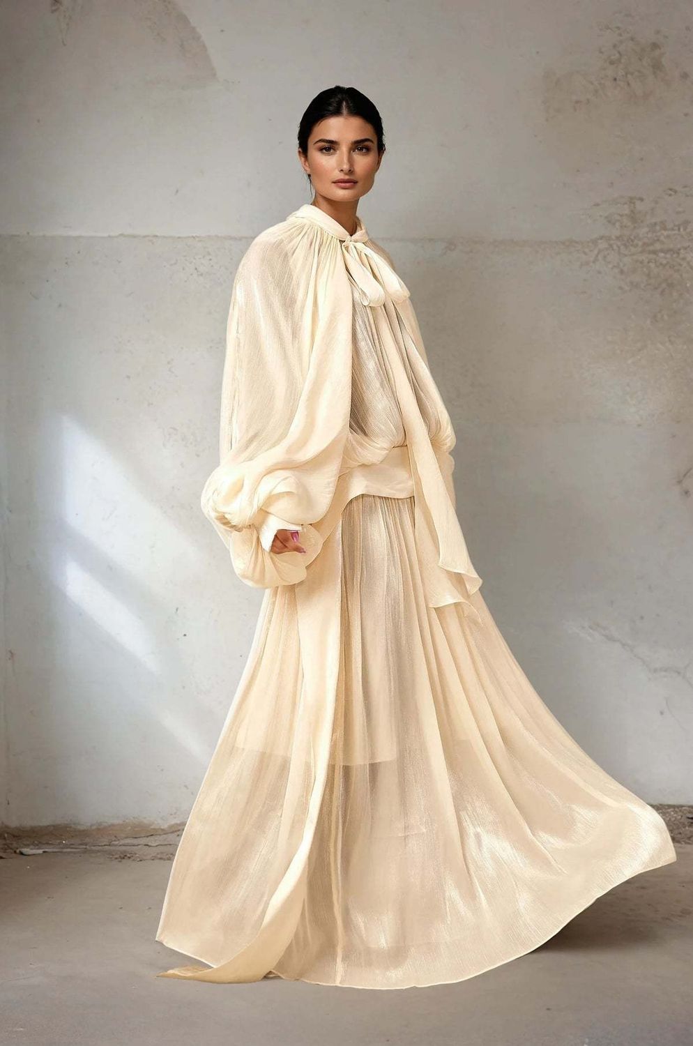 Chiffon Lace Up Maxi Dress with stand collar