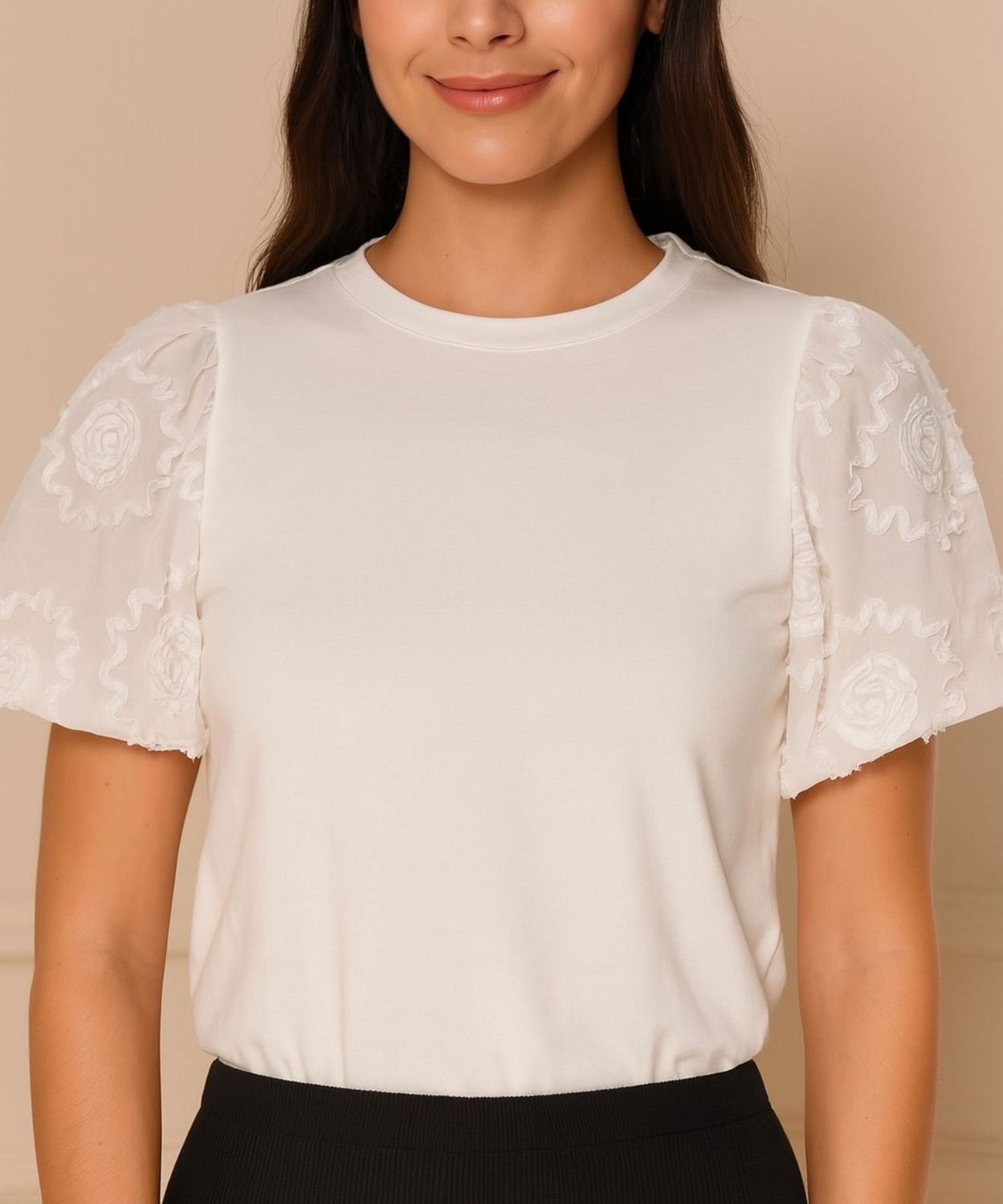 Flower Design Puff Sleeve Top white