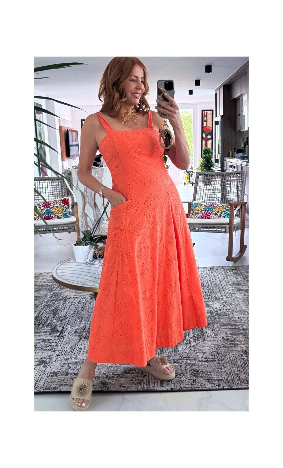 Orange Midi Dress With Pockets 