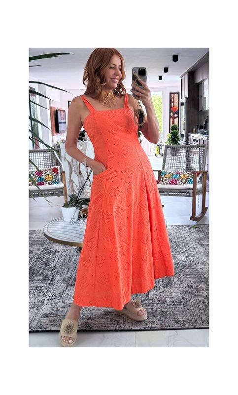 Orange Midi Dress With Pockets 