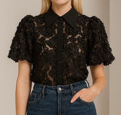 See-Through Mesh Flower Pattern Puff Sleeve Blouse