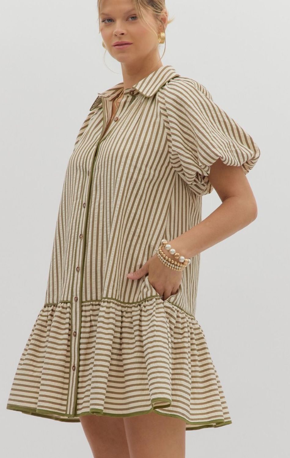 Stripe pattern short bubble sleeve ruffle h