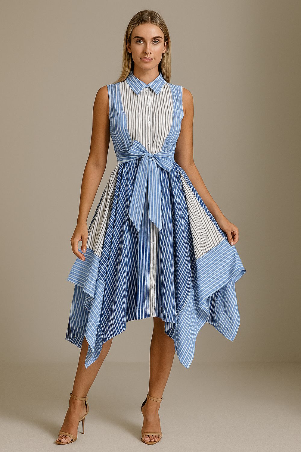 Contrast Stripped Cotton Assymetrical Dress Gracia