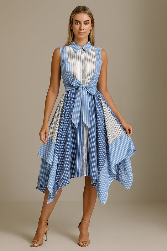 Contrast Stripped Cotton Assymetrical Dress Gracia