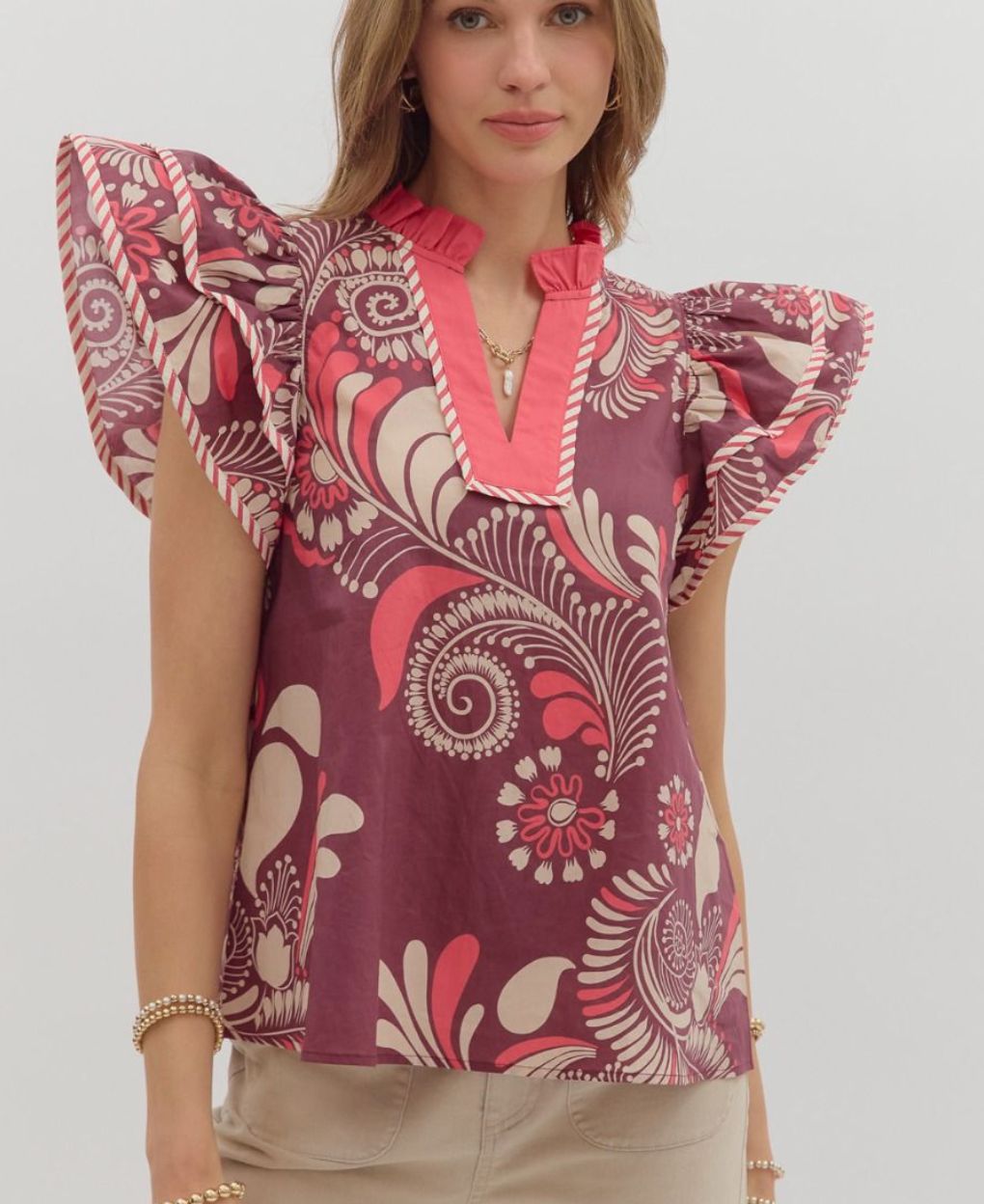 Paisley print tiered flutter sleeve top