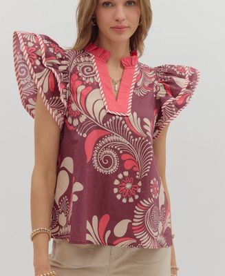 Paisley print tiered flutter sleeve top