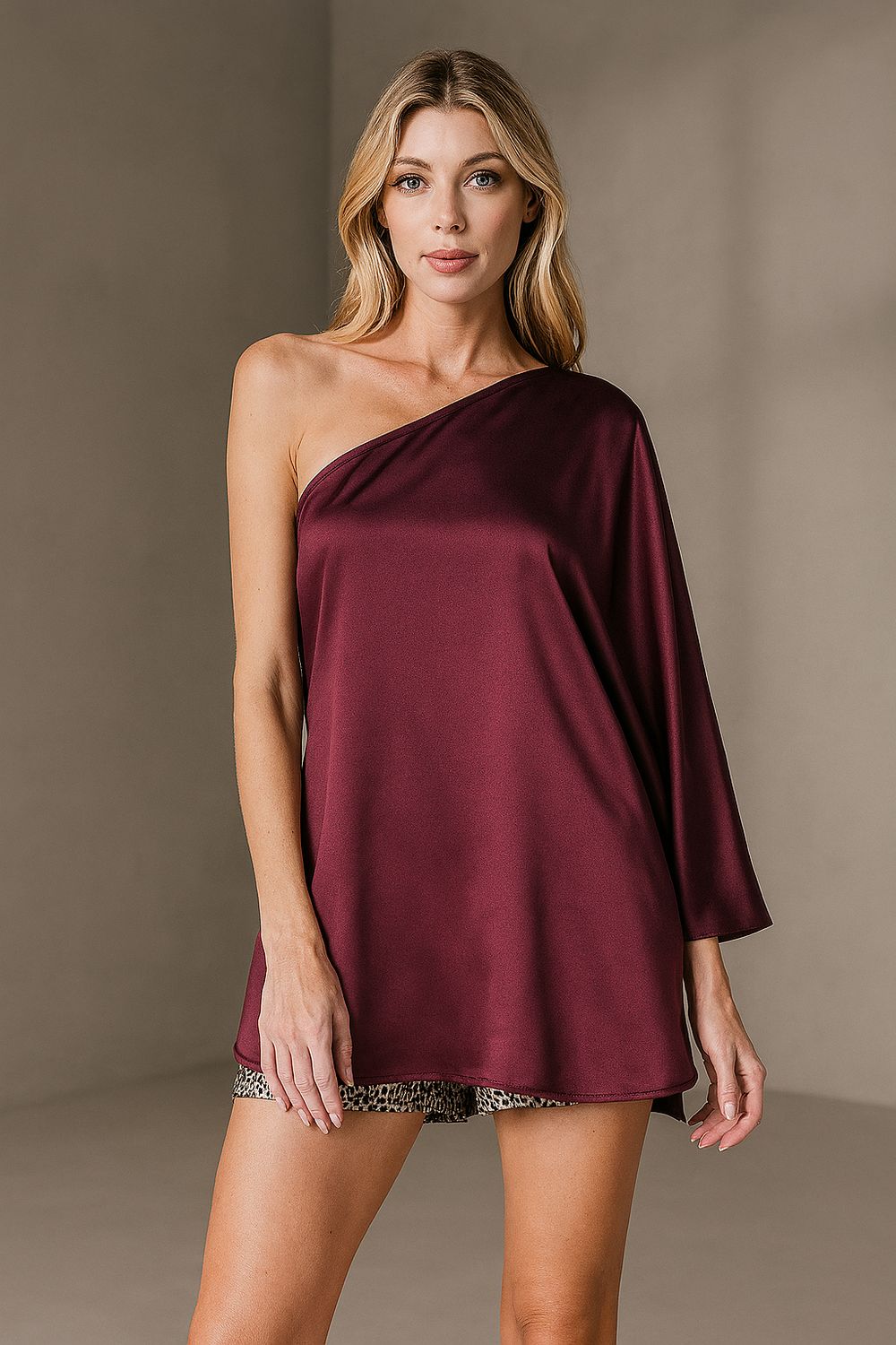 Shiny Hammered Satin One Sleeve Top Burgundy
