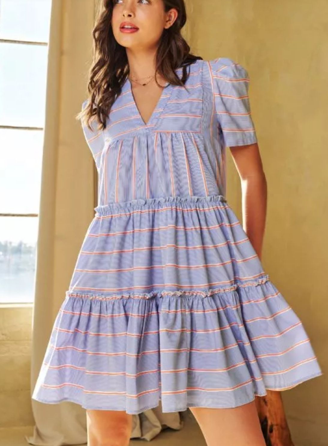 STRIPED V NECK SHORT SLEEVE RUFFLE DRESS