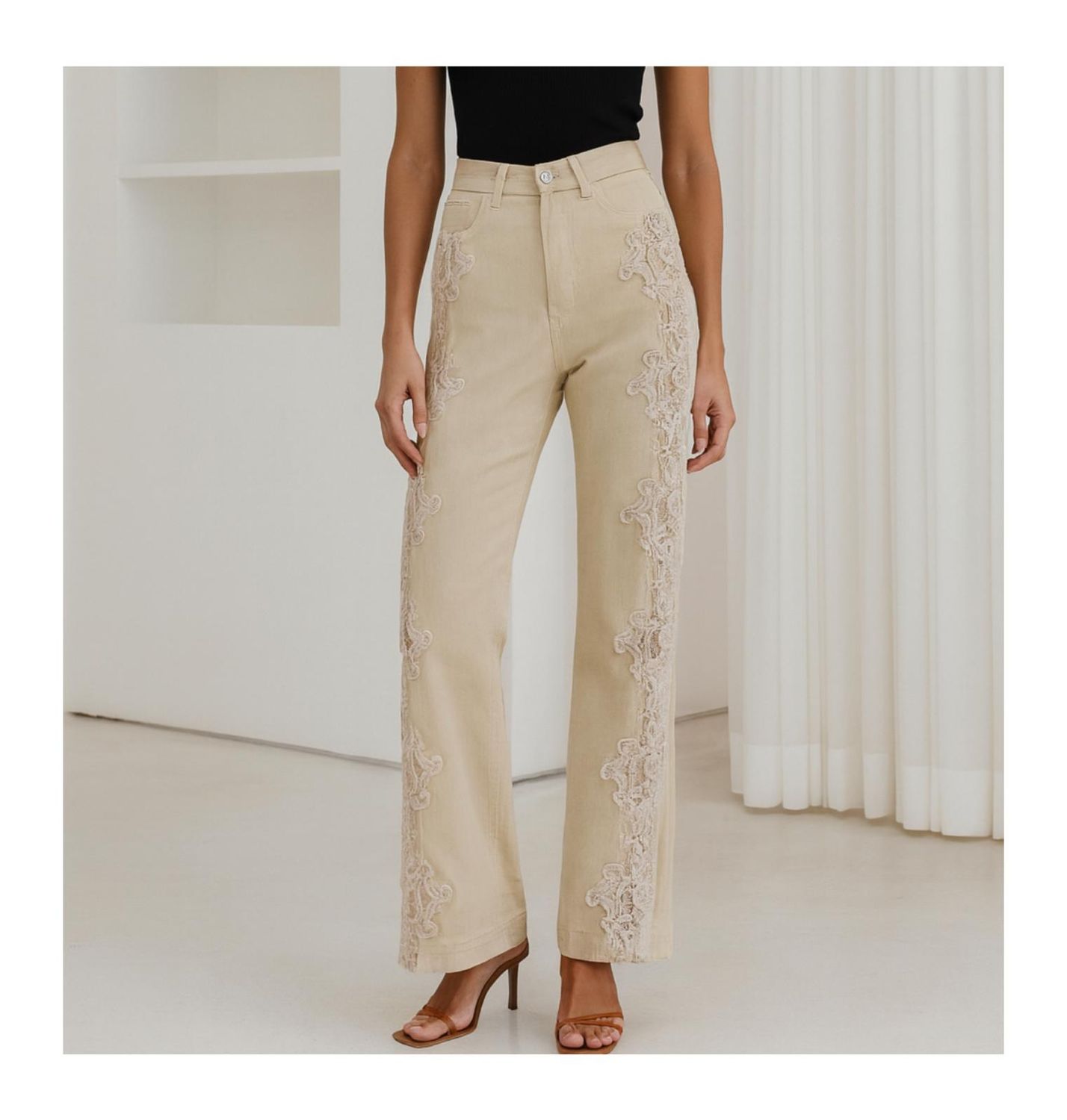 High Waist Straight Leg Lace Trim