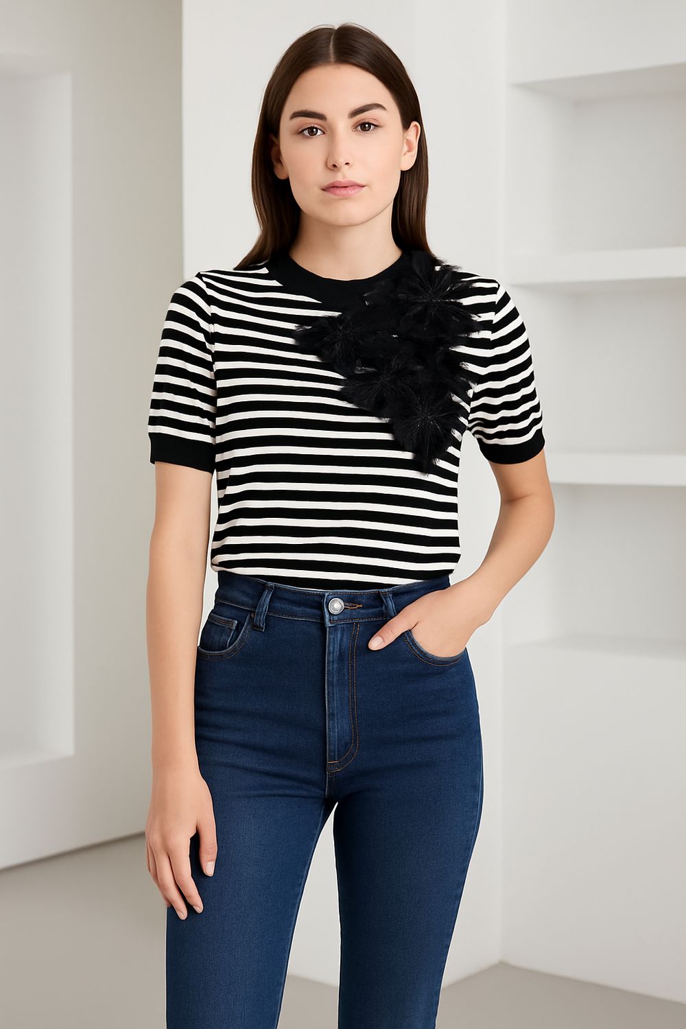 Flower Appliqu Knit Stripe Topby Gracia