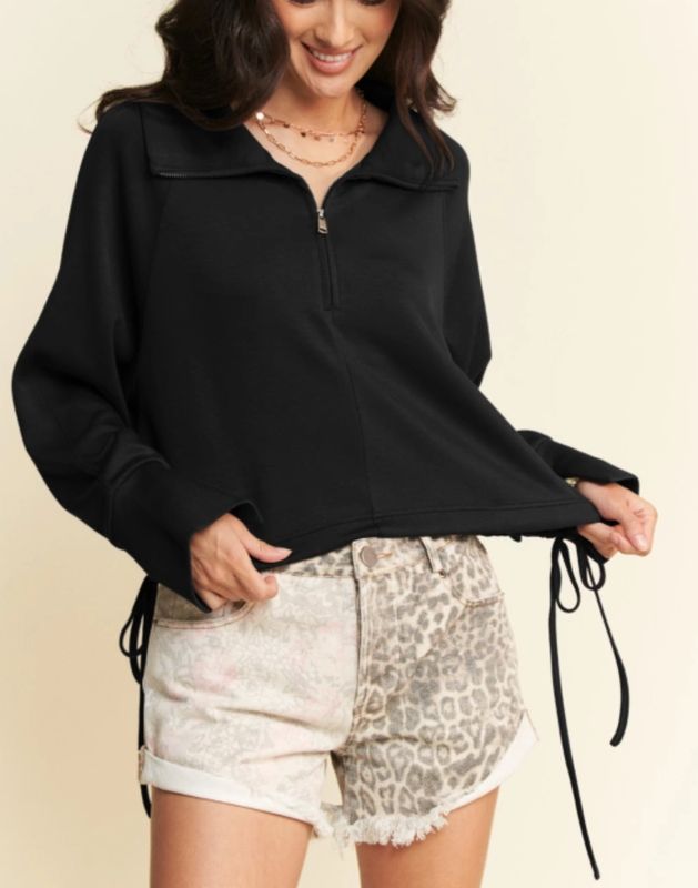 SOLID LONG SLEEVE ZIP FRONT MOCK NECK CROPPED TOP