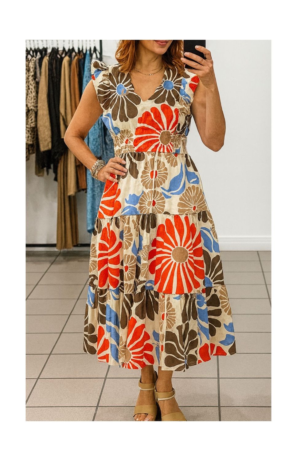 Floral smocked waist midi dress