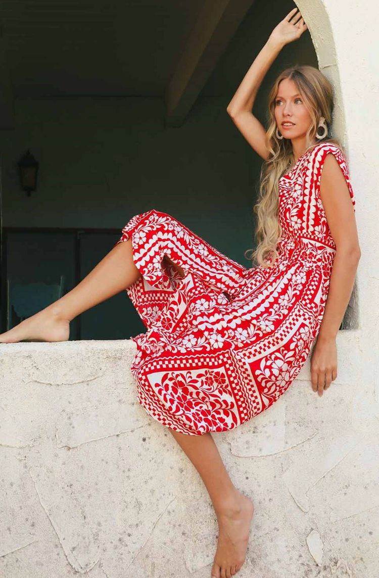 Mixed Print Sleeveless Midi Dres