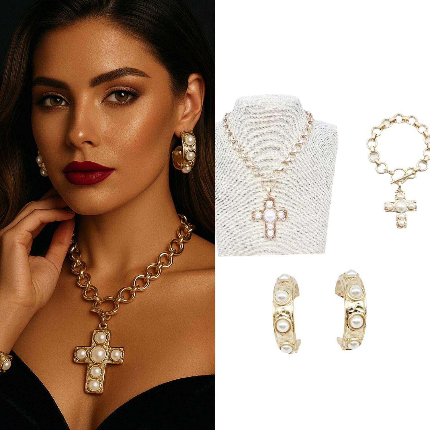 Gold Stretch Chain with Hammered Cross with Pearl Accent Charm