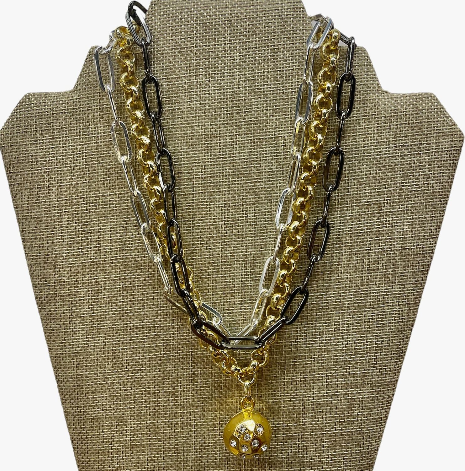 4 Soles 3 Layer Necklace with Gold Ball and Diamonds