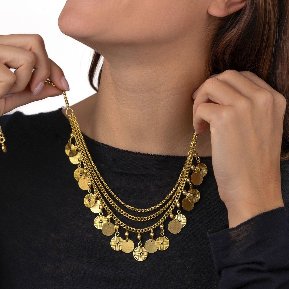 dd04041COLLANA 3 CATENE MONETE/SPIRALI