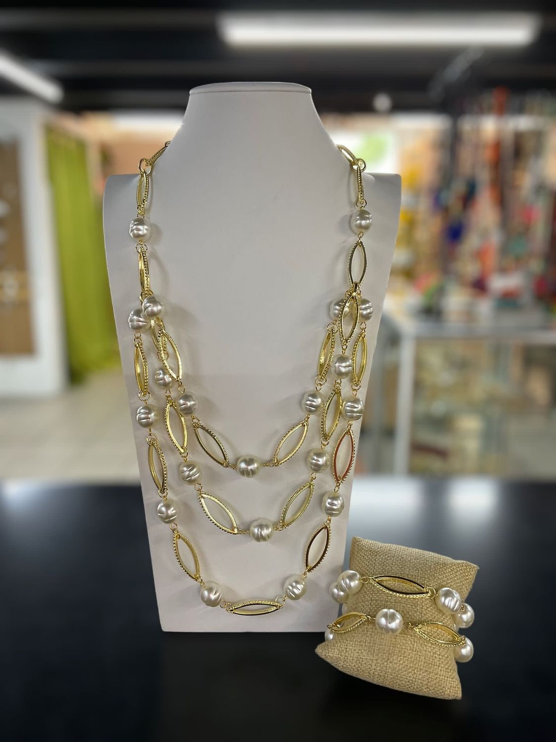 Gold Multilayer Pearl Necklace w/ Bracelet Set