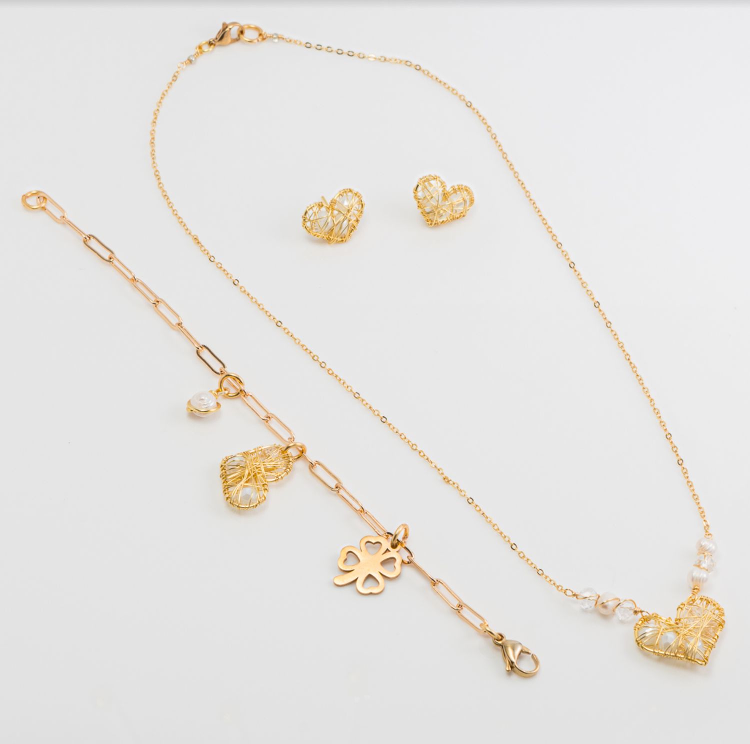 Juego de collar corazón con cristales y perlas(3 Piezas)