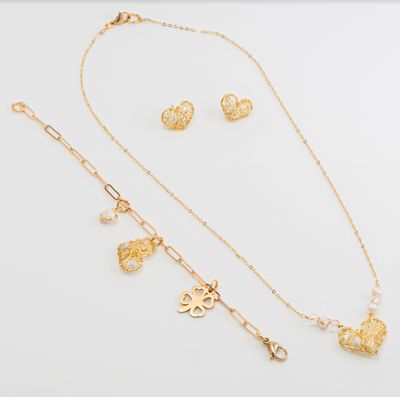 Juego de collar corazón con cristales y perlas(3 Piezas)