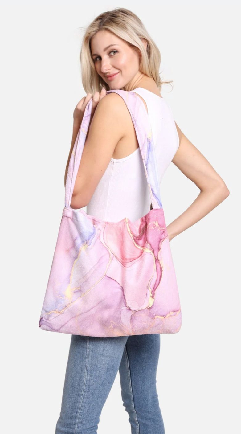 PINK MARBLE PRINT 2 IN 1 BEACH TOWEL &amp; TOTE BAG