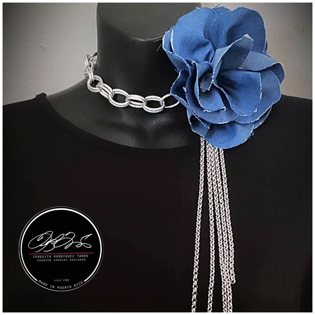 Denim Flower Choker with chain