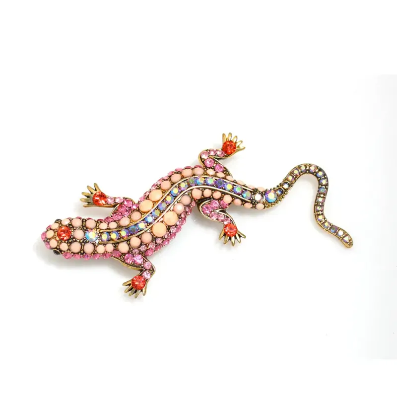 GOLD PINK CRYSTAL LIZARD BROOCH PINS