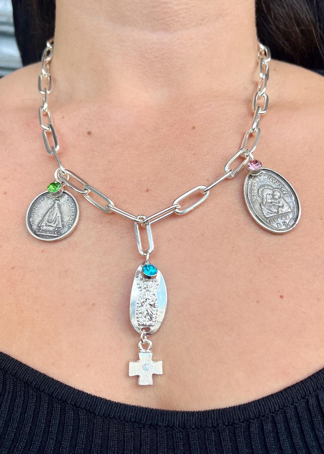 Cross/Virgen Multi Charm Silver Necklace