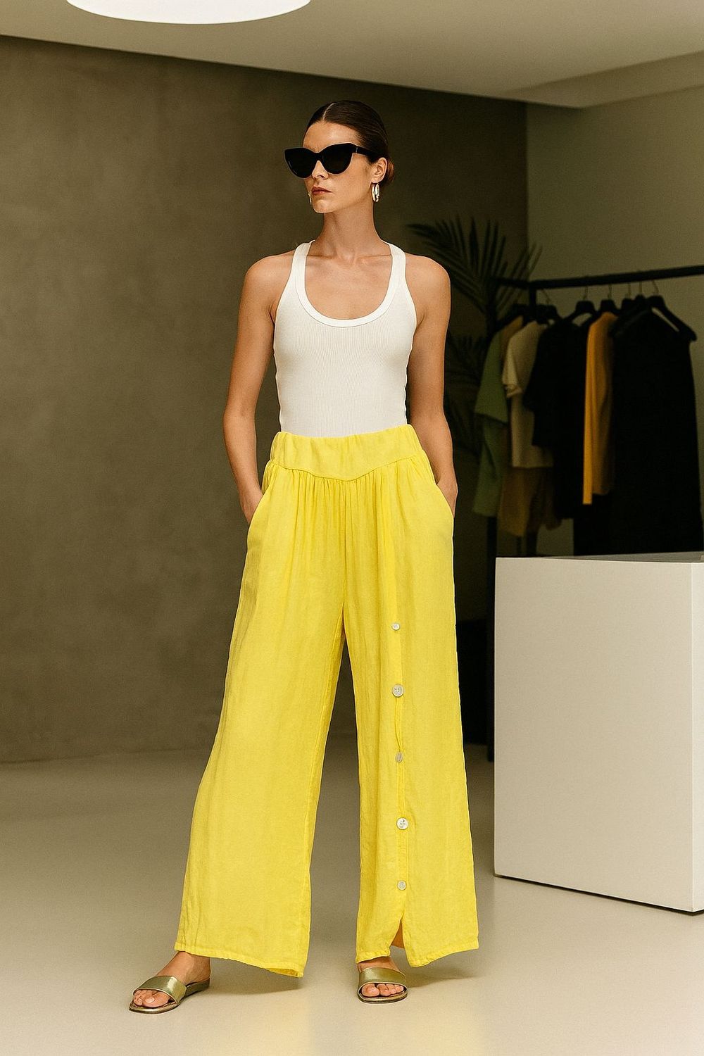 Button Detail Linen Pant yellow