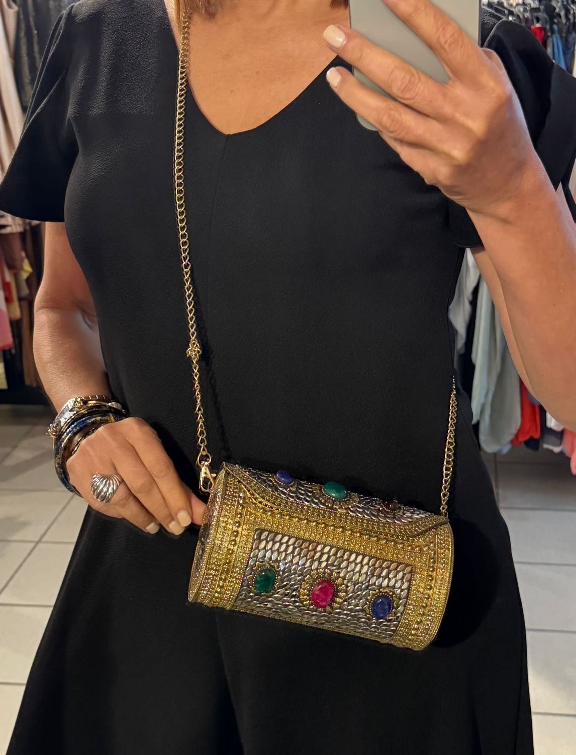 antique gold finish metal bag with stones