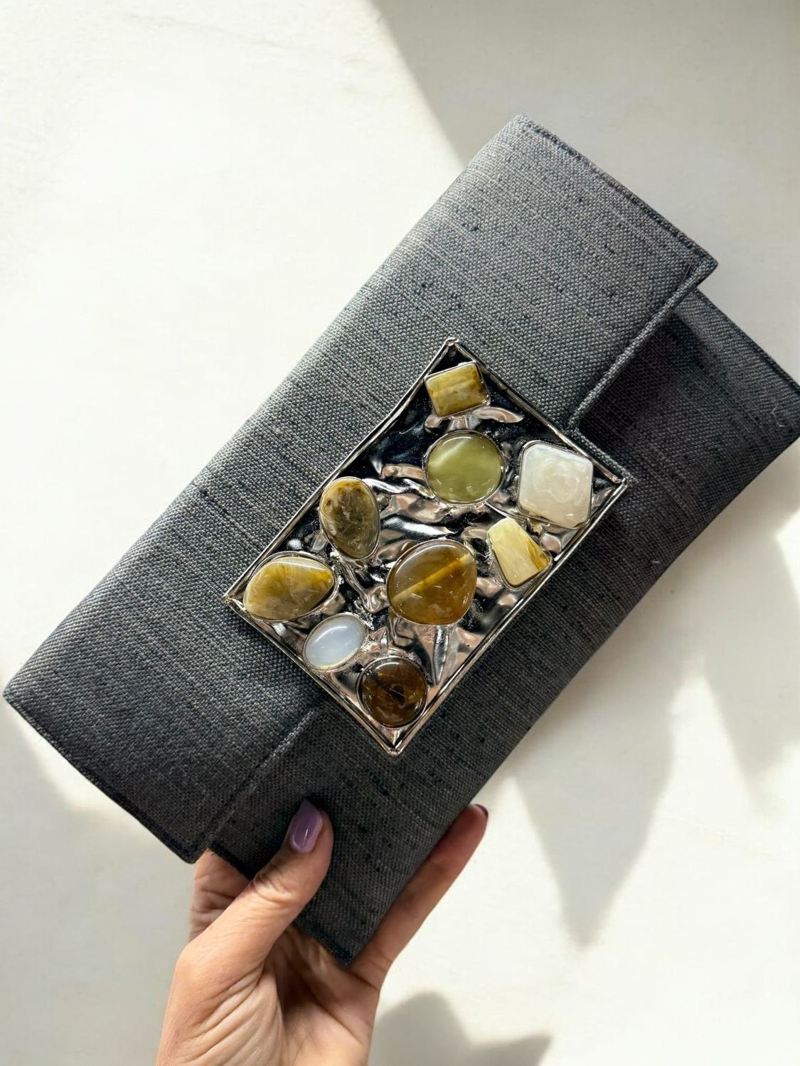 Gemstone Detail Clutch Silver