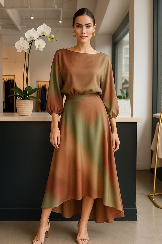 Ombré satin Skirt Set Olive