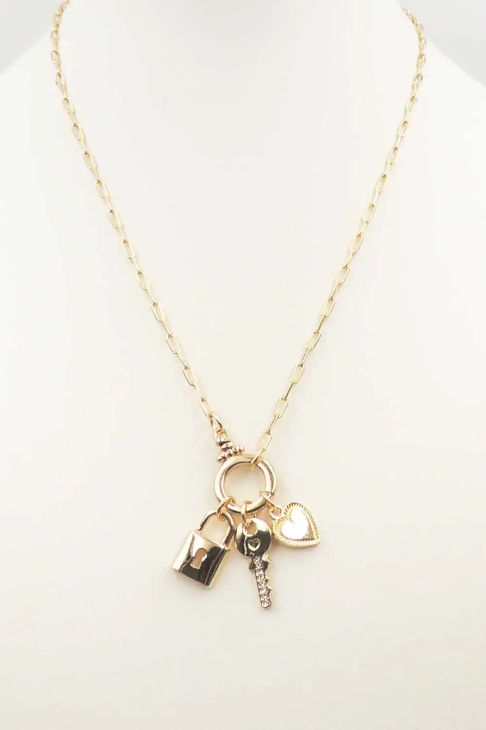 Gold Chain with Lock, Key, and Heart Charm 16&quot;-18&quot; Necklace