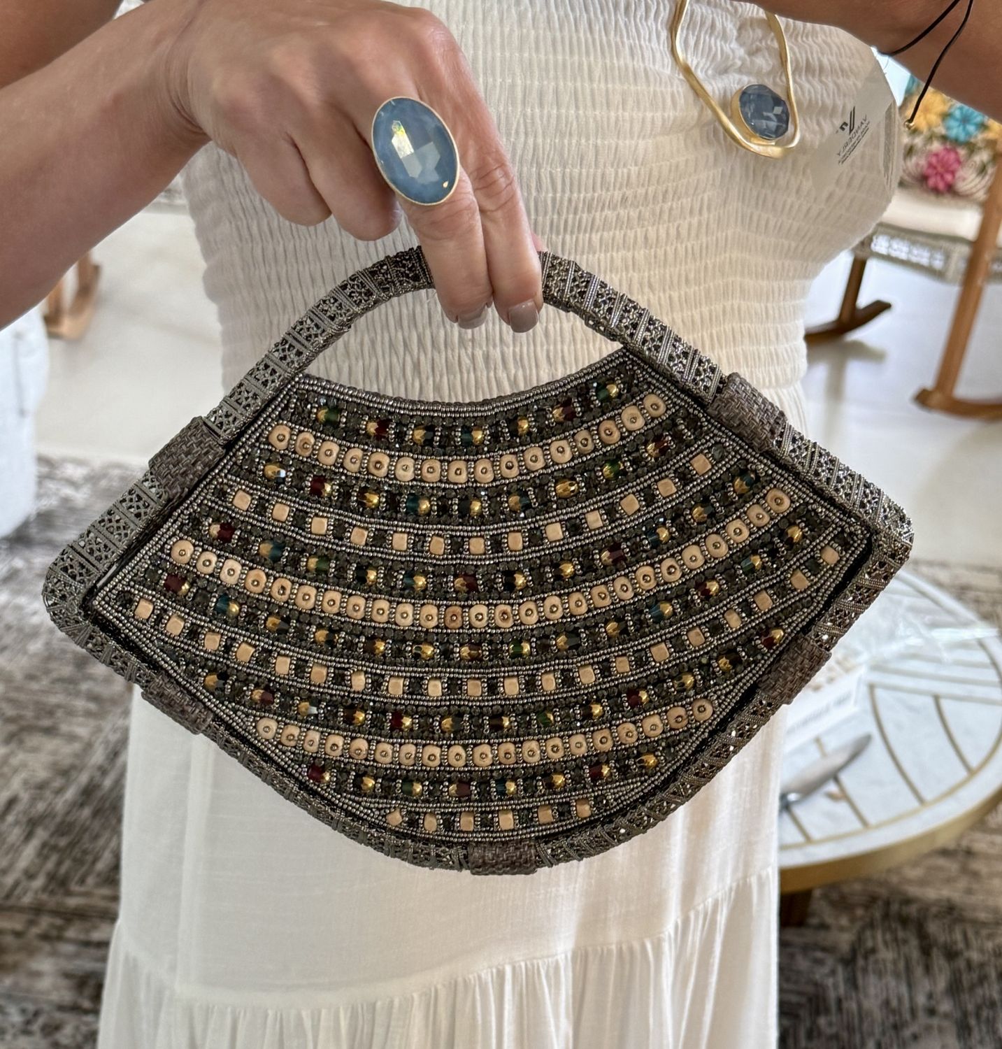 Semi-Circle Beaded Handbag silver