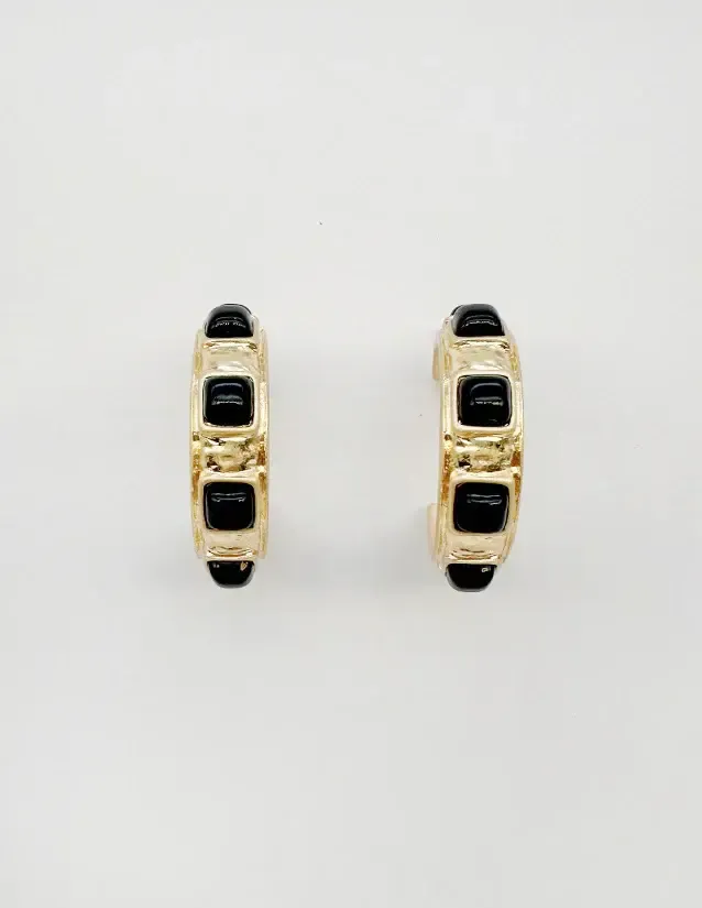 Worn Gold 1.25&quot; Earring with Black Square Stone Accents