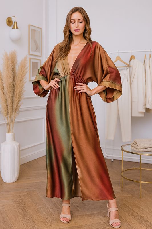 Ombré satin kimono dress Olive 