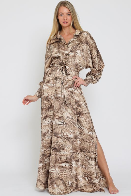 long sleeve buttom down belted Maxi Dress