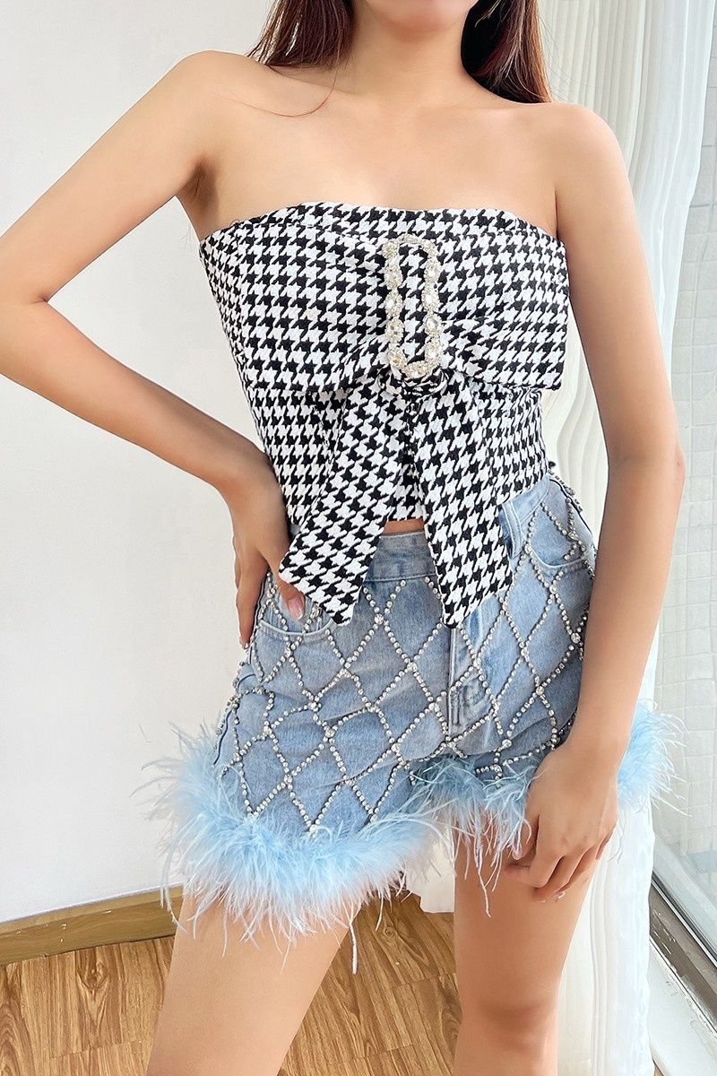 All Over Print Bowknot Tweed Tube Top