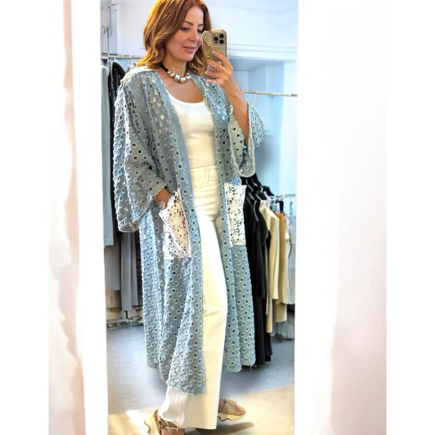 Denim Cotton Eyelet Cardigan