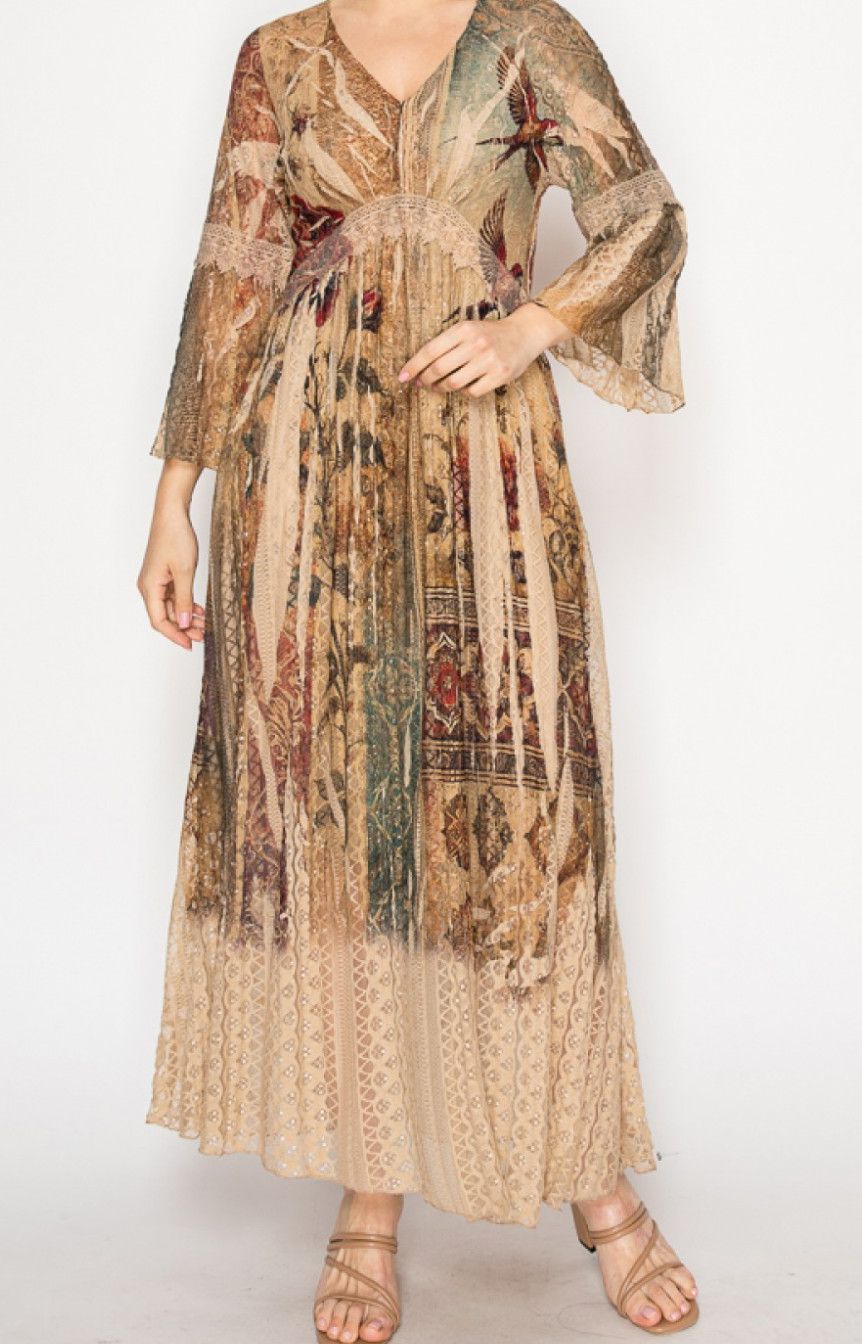 LINED LONG ALL LACE DRESS WITH PRINT
