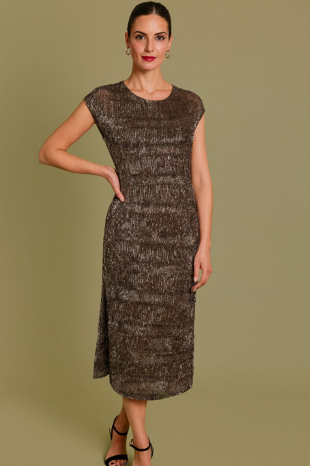 SHORT SLEEVE ROUND NECK LUREX FABRIC MIDI DRESS Black/gold