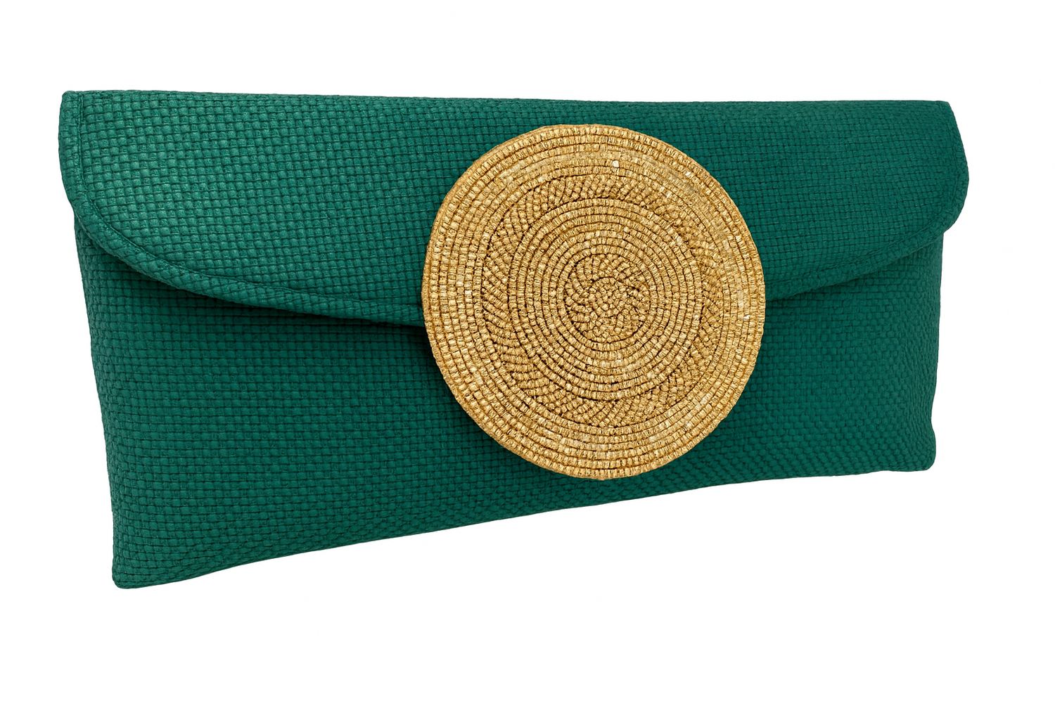 Green Woven Clutch with Gold Beaded Medallion