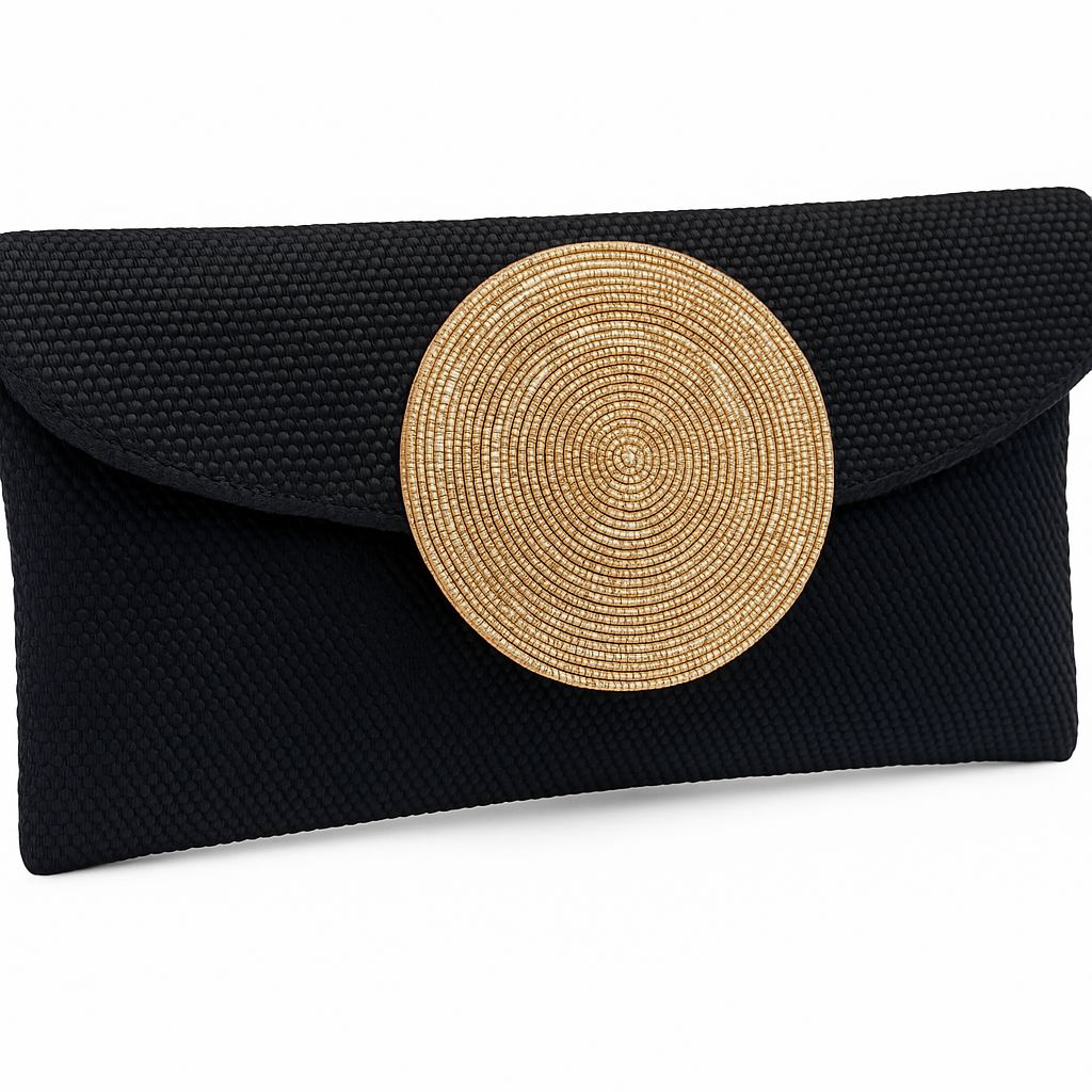 Black Woven Clutch with Gold Beaded Medallion